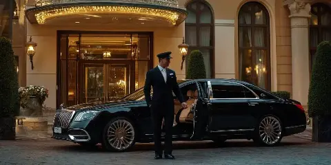 A uniformed chauffeur stands beside a black luxury sedan with the door open at a hotel entrance.