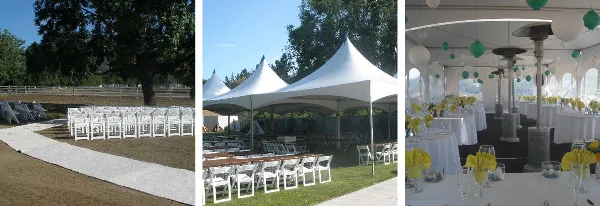 A collage showing an outdoor wedding setup with white chairs, a large white event tent, and a decorated reception area with tables and centerpieces.