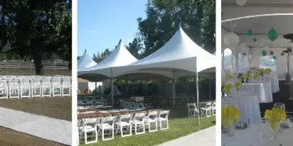 A collage showing an outdoor wedding setup with white chairs, a large white event tent, and a decorated reception area with tables and centerpieces.