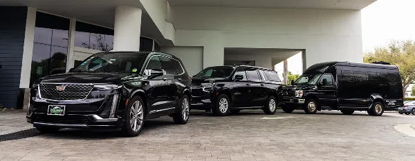 A lineup of black luxury SUVs and a passenger van parked in front of a modern building.