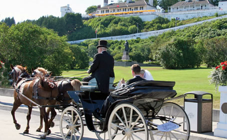 A horse-drawn carriage with a driver and passengers traveling on a street with a historic fort in the background.