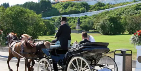 A horse-drawn carriage with a driver and passengers traveling on a street with a historic fort in the background.