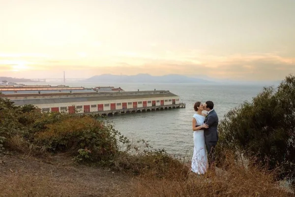 Bride with updo hairstyle and natural makeup at a San Francisco wedding venue.