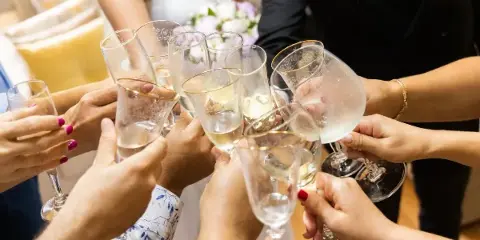A group of people, including a bride and groom, raising champagne flutes in a toast at a wedding reception.