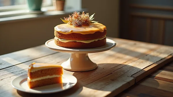 A two-layer cake with caramel glaze and floral garnish on a white cake stand, with a slice served on a plate in the foreground.