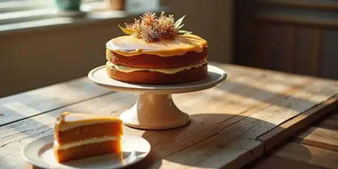 A two-layer cake with caramel glaze and floral garnish on a white cake stand, with a slice served on a plate in the foreground.