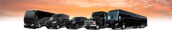A lineup of black commercial vehicles including a shuttle bus, passenger van, SUV, and large coach bus.