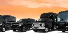 A lineup of black commercial vehicles including a shuttle bus, passenger van, SUV, and large coach bus.