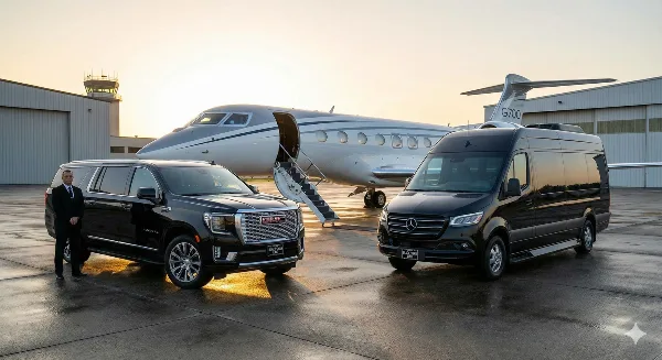 A black GMC SUV and a black Mercedes Sprinter Van with Black Swan Limo plates parked in front of a private jet.