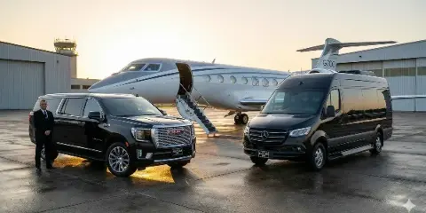A black GMC SUV and a black Mercedes Sprinter Van with Black Swan Limo plates parked in front of a private jet.