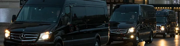 A line of black Mercedes-Benz passenger vans parked in a row with headlights on.