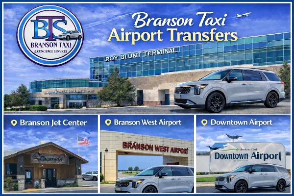 A promotional graphic for Branson Taxi & Concierge Services showing their logo, a white Kia Carnival minivan, and photos of the Springfield-Branson National Airport and other local airports.