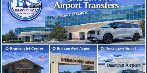 A promotional graphic for Branson Taxi & Concierge Services showing their logo, a white Kia Carnival minivan, and photos of the Springfield-Branson National Airport and other local airports.
