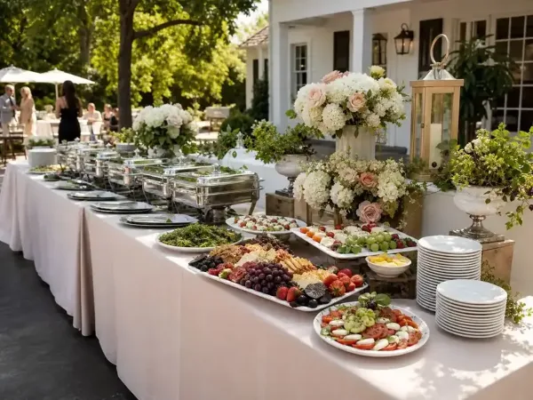 Outdoor wedding buffet table with chafers, fresh fruit and vegetable platters, and large floral centerpieces.