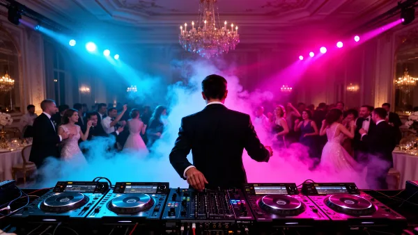 A DJ performing at a wedding reception with colorful lighting and a dancing crowd.