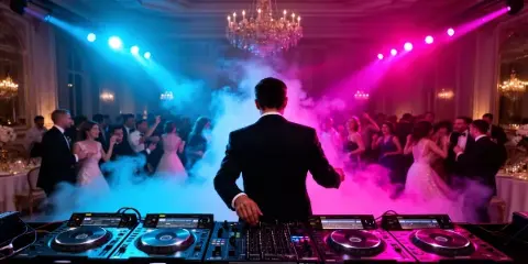 A DJ performing at a wedding reception with colorful lighting and a dancing crowd.