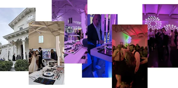 A collage of wedding event photos showing a DJ performing, DJ equipment, a couple's first dance, and guests dancing at a reception.