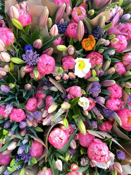 A close-up view of numerous fresh flower bouquets featuring pink peonies, tulips, and purple accents.