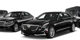 A lineup of luxury vehicles including black sedans, SUVs, and charter buses.