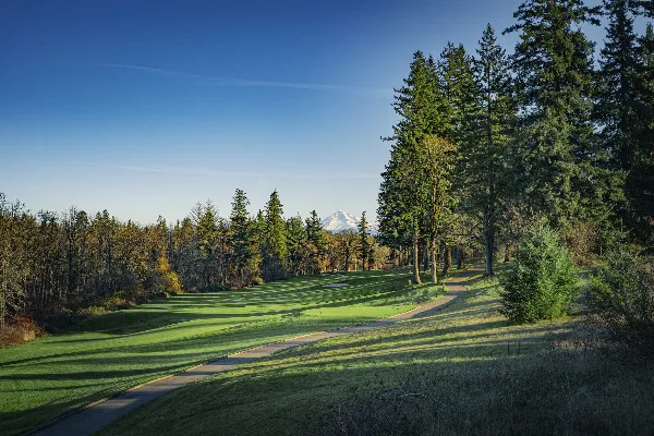 A wide shot of a golf course fairway with green grass, a paved path, and tall evergreen trees under a blue sky with a mountain in the distance.