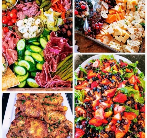 A collage of four photographs showing various catering dishes, including a charcuterie board with cured meats and vegetables, a cheese and fruit platter, a strawberry and blueberry salad, and roasted chicken.
