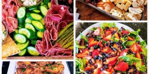 A collage of four photographs showing various catering dishes, including a charcuterie board with cured meats and vegetables, a cheese and fruit platter, a strawberry and blueberry salad, and roasted chicken.