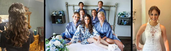 A collage of three wedding photos showing a bride with a styled updo and hairpiece, a group of bridesmaids in robes with styled hair, and a close-up of a bride's face with makeup.