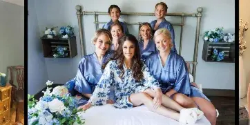 A collage of three wedding photos showing a bride with a styled updo and hairpiece, a group of bridesmaids in robes with styled hair, and a close-up of a bride's face with makeup.