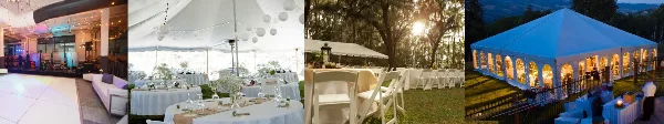 A collage of four photographs showing various event rental setups, including an indoor dance floor, a white tent with decorated tables, a white tent with chairs, and a large blue tent at night.