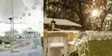 A collage of four photographs showing various event rental setups, including an indoor dance floor, a white tent with decorated tables, a white tent with chairs, and a large blue tent at night.