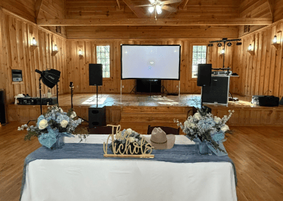 A wedding reception venue with a decorated head table, floral arrangements, and a stage equipped with DJ speakers and a projector screen.