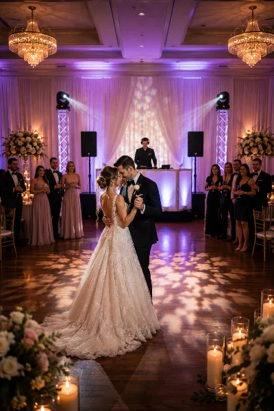 A wedding couple dancing on a wooden floor in a ballroom with a DJ at a booth in the background, illuminated by purple and white stage lighting.