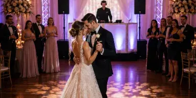 A wedding couple dancing on a wooden floor in a ballroom with a DJ at a booth in the background, illuminated by purple and white stage lighting.
