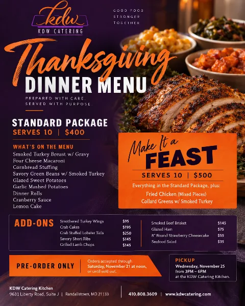 KDW Catering Thanksgiving dinner menu with photo of roasted turkey and side dishes