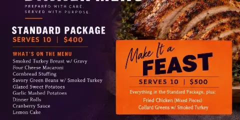 KDW Catering Thanksgiving dinner menu with photo of roasted turkey and side dishes
