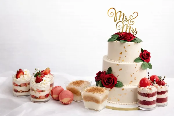 A three-tier white wedding cake decorated with red roses and gold flakes, topped with a gold 'Mr & Mrs' topper, displayed alongside strawberry parfaits, tiramisu cups, macarons, and layered red velvet desserts on a white tablecloth.