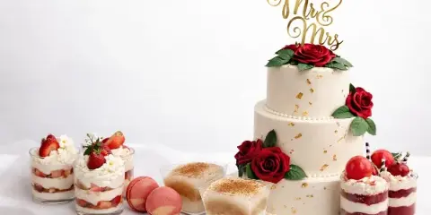 A three-tier white wedding cake decorated with red roses and gold flakes, topped with a gold 'Mr & Mrs' topper, displayed alongside strawberry parfaits, tiramisu cups, macarons, and layered red velvet desserts on a white tablecloth.