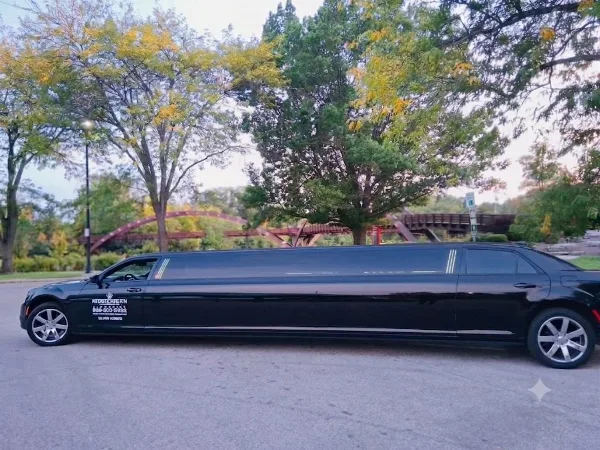 A black stretch limousine with Mid Michigan Limo branding parked on a street near a park.