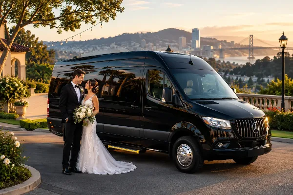 A bride and groom standing next to a black luxury van at a scenic outdoor venue.