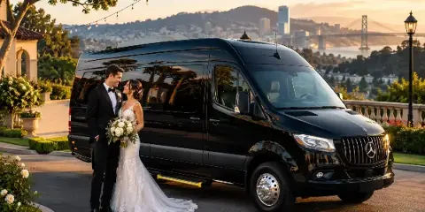 A bride and groom standing next to a black luxury van at a scenic outdoor venue.