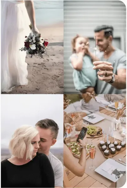 A collage of four photos showing a bride holding a bouquet on a beach, a couple with a sparkler, a couple embracing, and a wedding reception table with food and drinks.