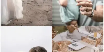 A collage of four photos showing a bride holding a bouquet on a beach, a couple with a sparkler, a couple embracing, and a wedding reception table with food and drinks.