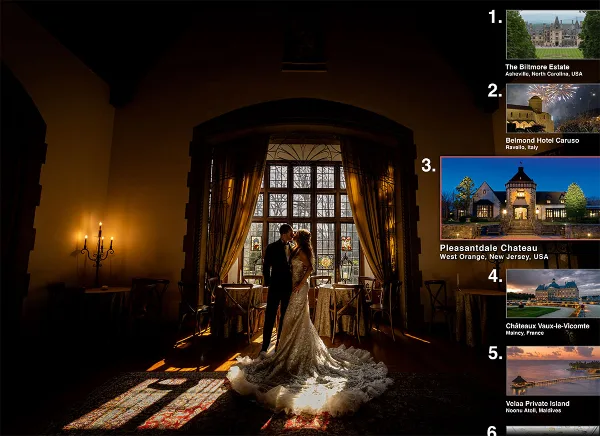 A bride and groom standing in a dimly lit wedding reception hall with set tables and a large window.