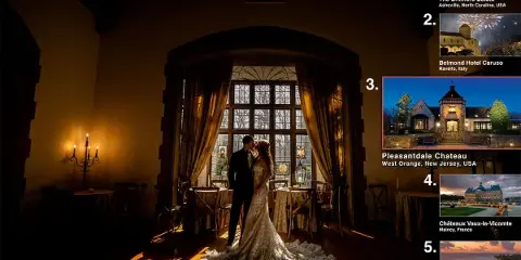 A bride and groom standing in a dimly lit wedding reception hall with set tables and a large window.