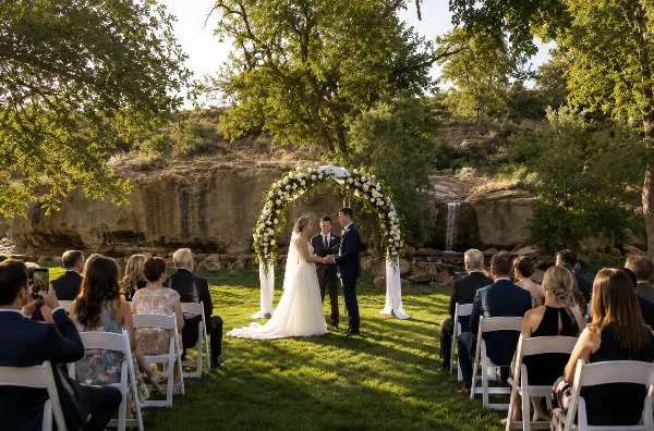Outdoor wedding ceremony with a floral arch, seated guests, and a waterfall in the background at a lush venue.