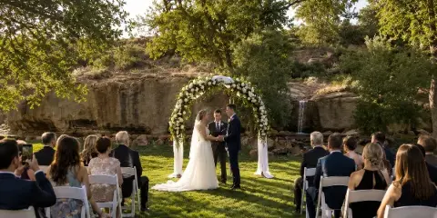 Outdoor wedding ceremony with a floral arch, seated guests, and a waterfall in the background at a lush venue.