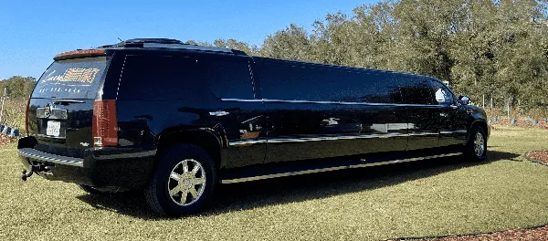 A black stretch limousine parked on a grassy lawn with the company name and phone number visible on the rear window.