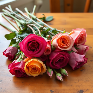 A bouquet of pink, red, and orange roses lying on a wooden table.
