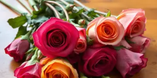 A bouquet of pink, red, and orange roses lying on a wooden table.