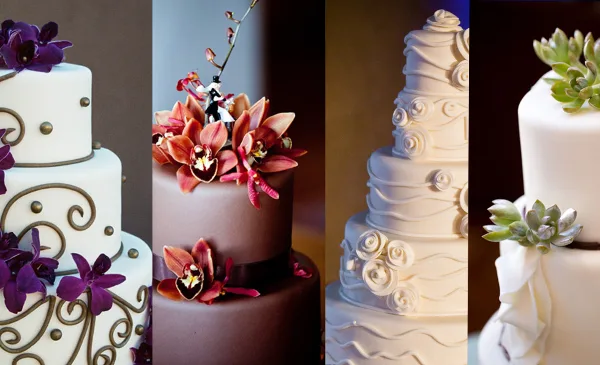 A collage of four different custom wedding cakes featuring various designs, including white fondant with purple orchids, a chocolate cake with red orchids, a white tiered cake with piped rosettes, and a white cake with succulents.